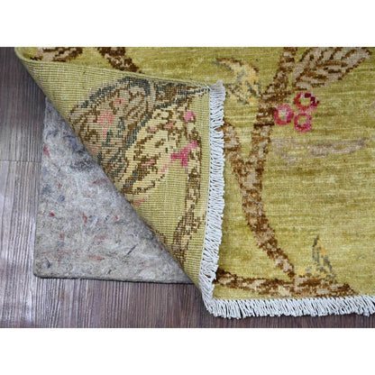 1'10"X3' Green Sparrows On The Tree Pure Wool Hand Knotted Sample Rug