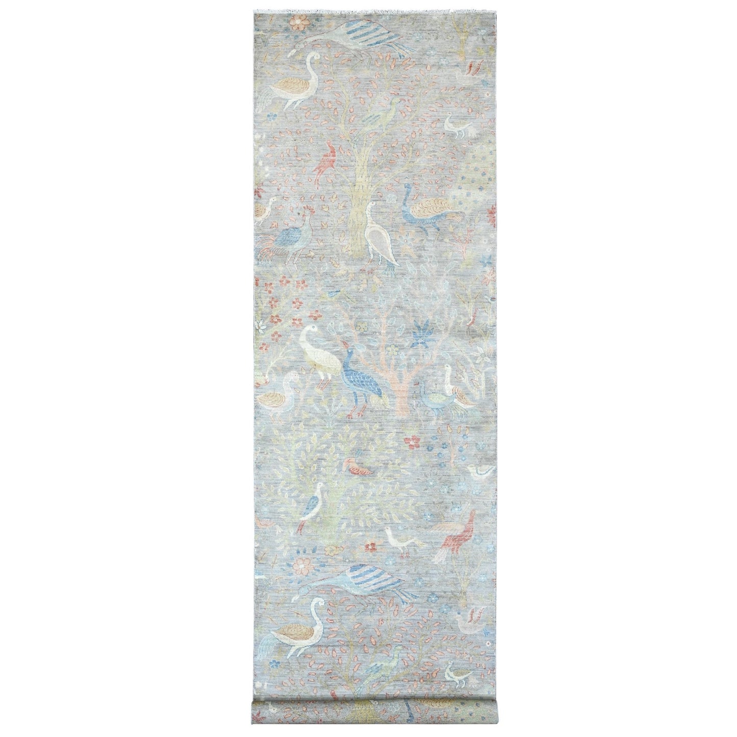 4'X15'9" Gray Wool Afghan Peshawar Birds Design Hand Knotted Runner Rug