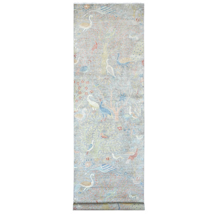 4'X15'9" Gray Wool Afghan Peshawar Birds Design Hand Knotted Runner Rug