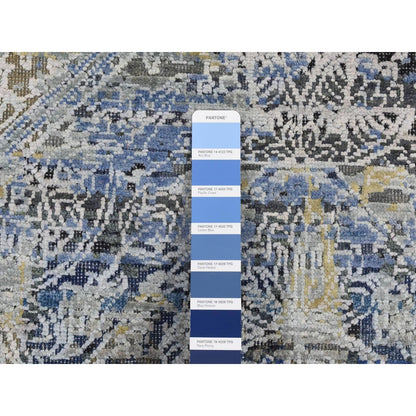 2'7"X8'3" Blue Broken And Erased Silk With Wool Hand Knotted Runner Rug