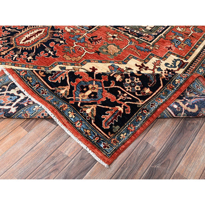 9'10"X14'3" Coral Red Seeripe Heris Design Hand Knotted Soft Wool Rug