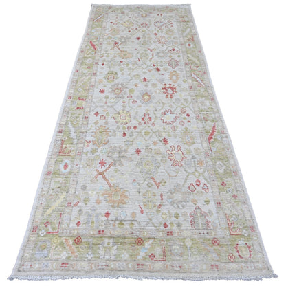 Rug 4'x9'10" White Hand Knotted Angora Oushak Floral Pattern Wool Runner