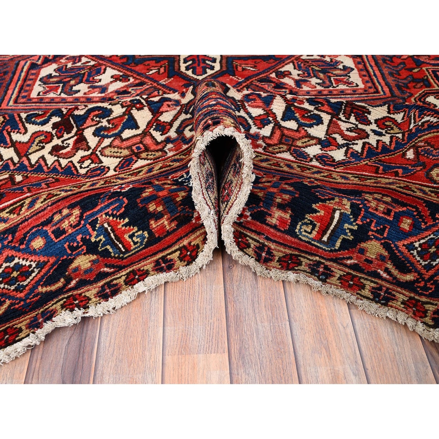 7'4"X10'2" Red Hand Knotted Vintage Oriental Heris Village Motifs Rug