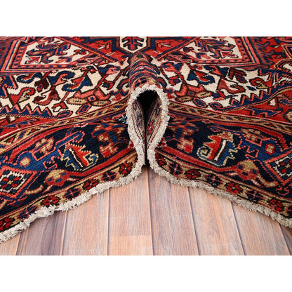 7'4"X10'2" Red Hand Knotted Vintage Oriental Heris Village Motifs Rug