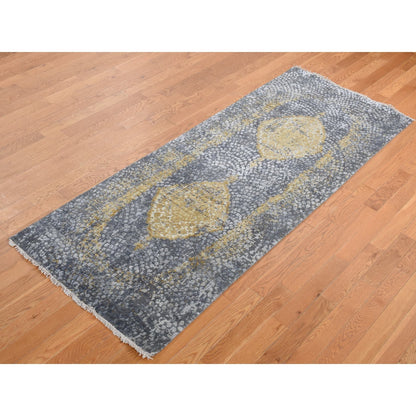 3'X8' Gray Zoroastrian Design Wool And Silk Hand Knotted Wide Runner Rug