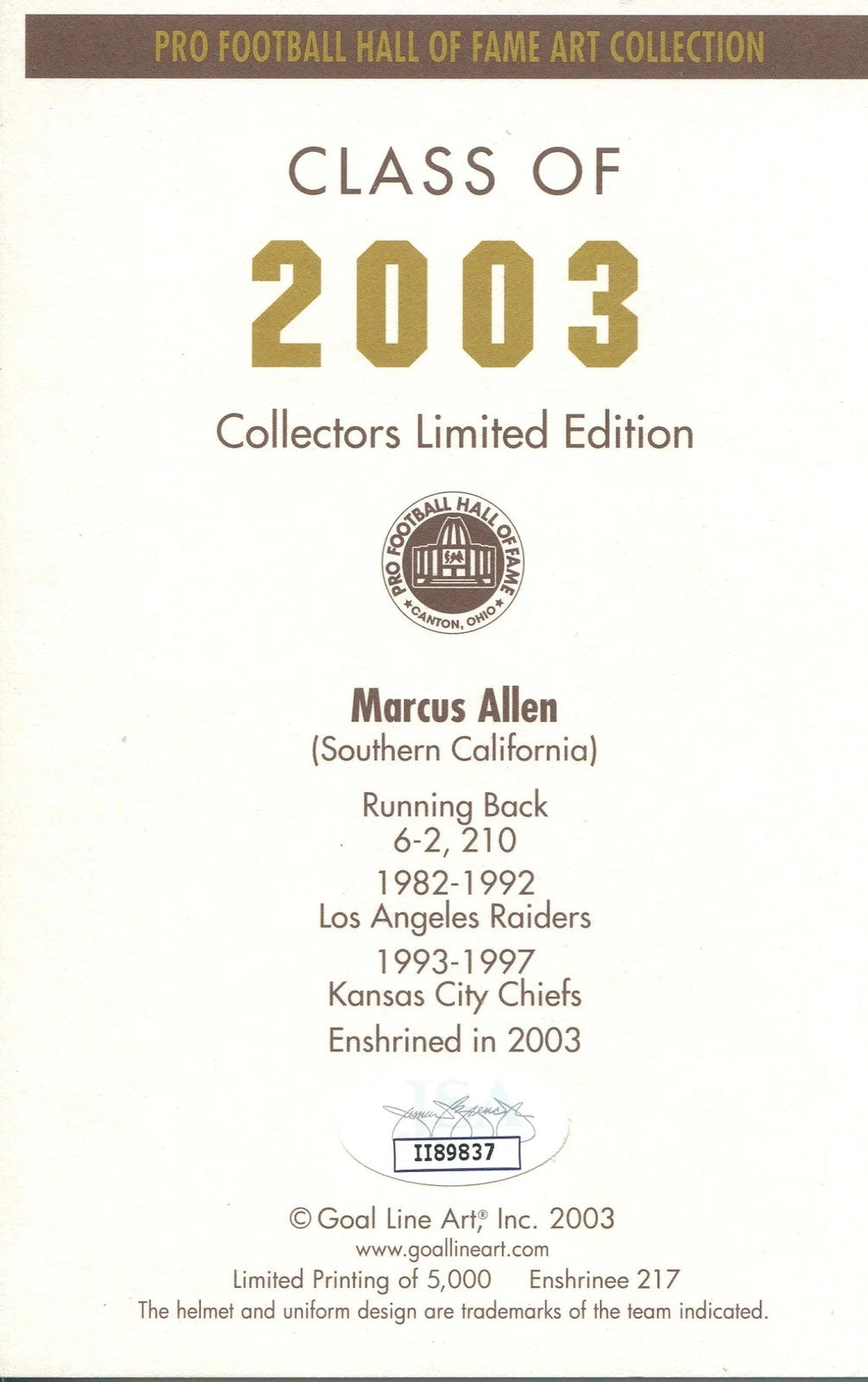 Marcus Allen Autographed 1St Day Cover Envelope (Jsa)