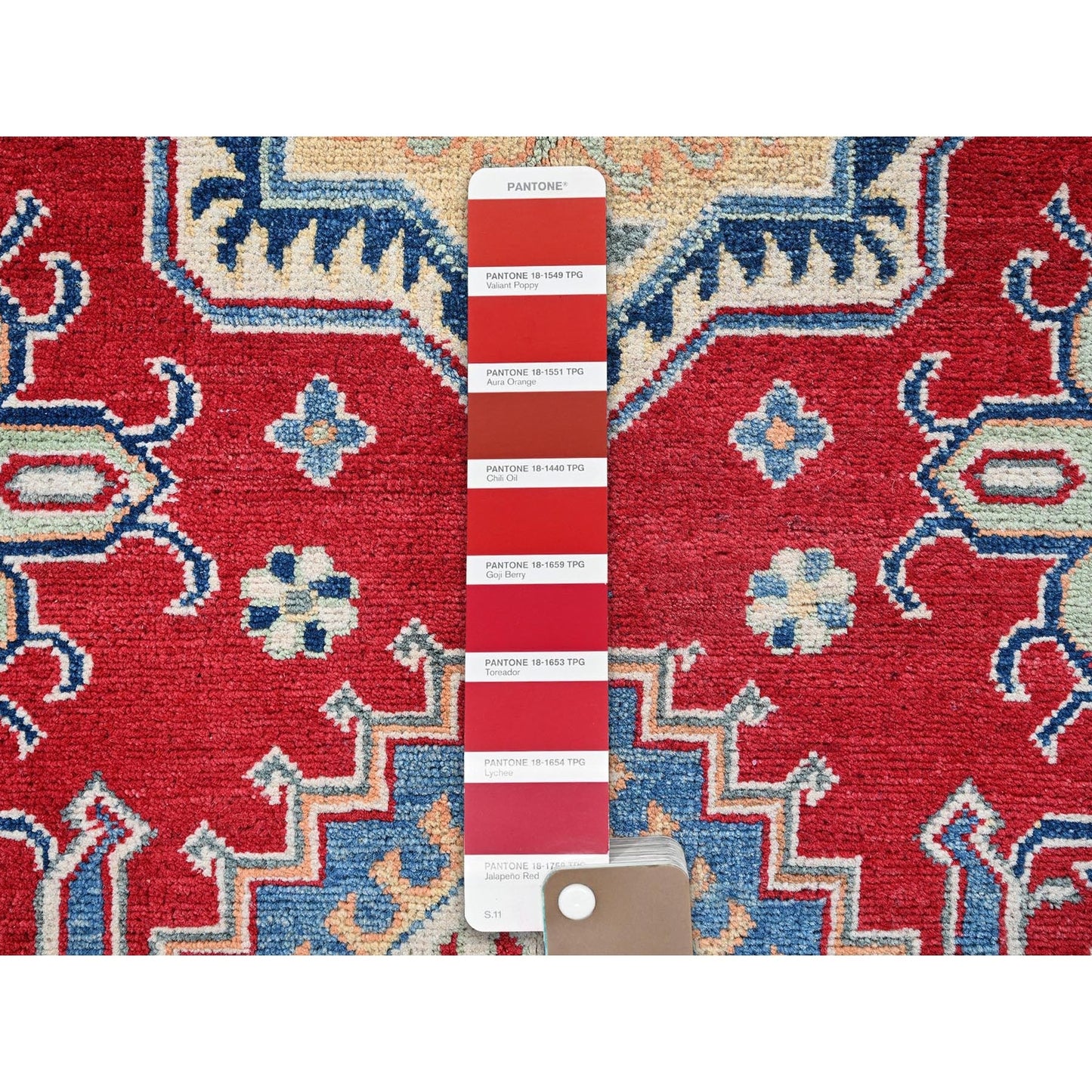 4'1"X6'1" Red Kazak Geometric Medallions Design Hand Knotted Soft Wool Rug