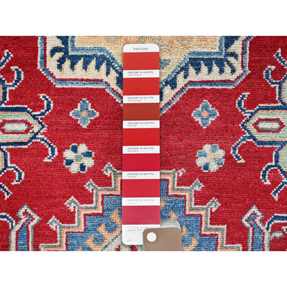 4'1"X6'1" Red Kazak Geometric Medallions Design Hand Knotted Soft Wool Rug