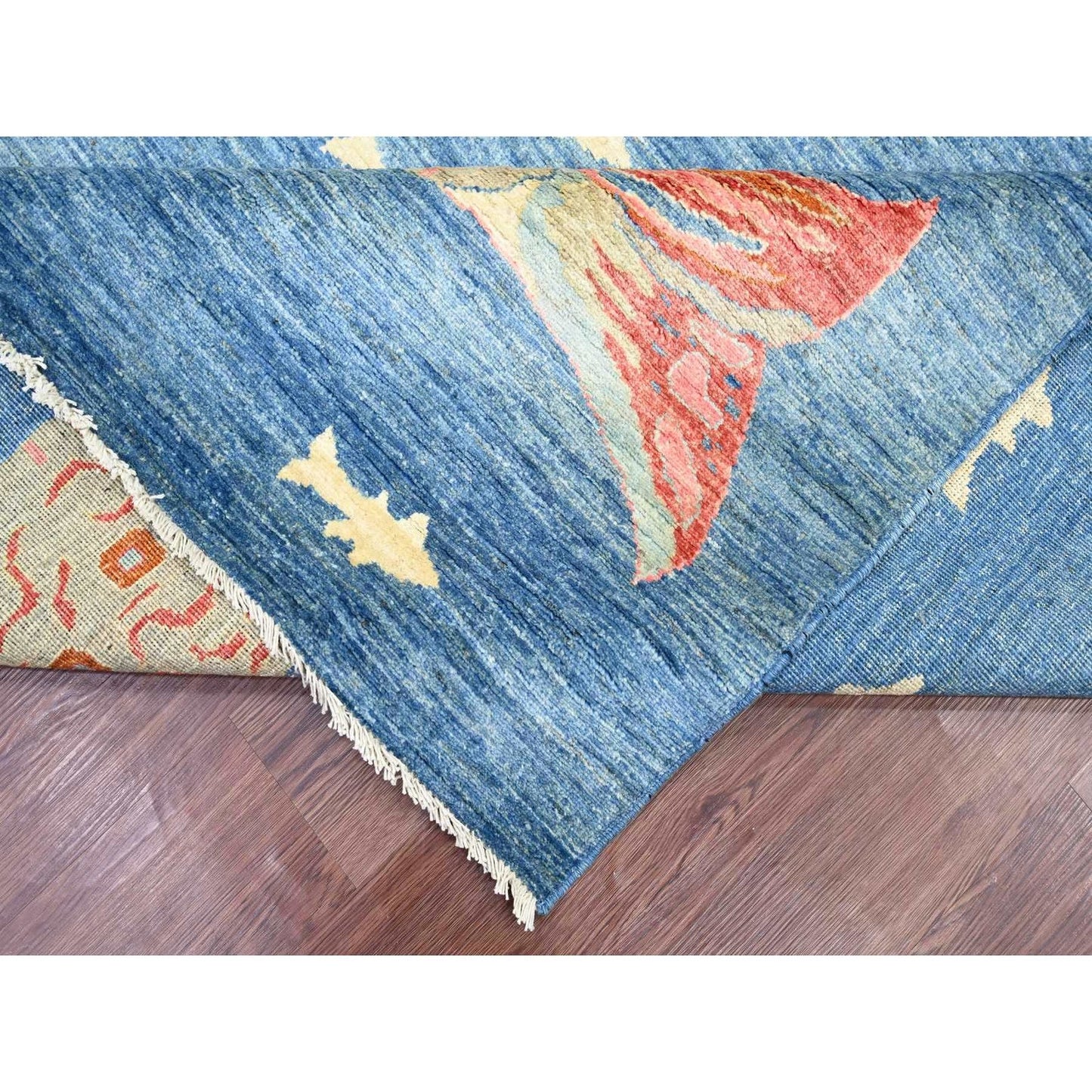9'x11'9" Blue Afghan Peshawar with Fish Design Soft Wool Hand Knotted Rug