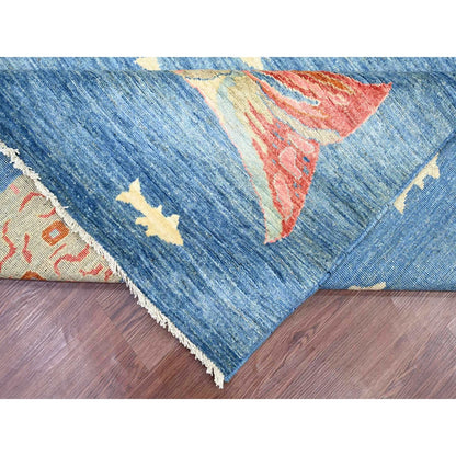 9'x11'9" Blue Afghan Peshawar with Fish Design Soft Wool Hand Knotted Rug