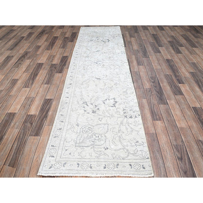 2'6"X10' White Fragment Old Tebraz Hand Knotted Worn Pure Wool Runner Rug