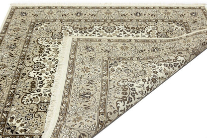 Hand-Knotted Kirman Square Rug Cream Floral Wool