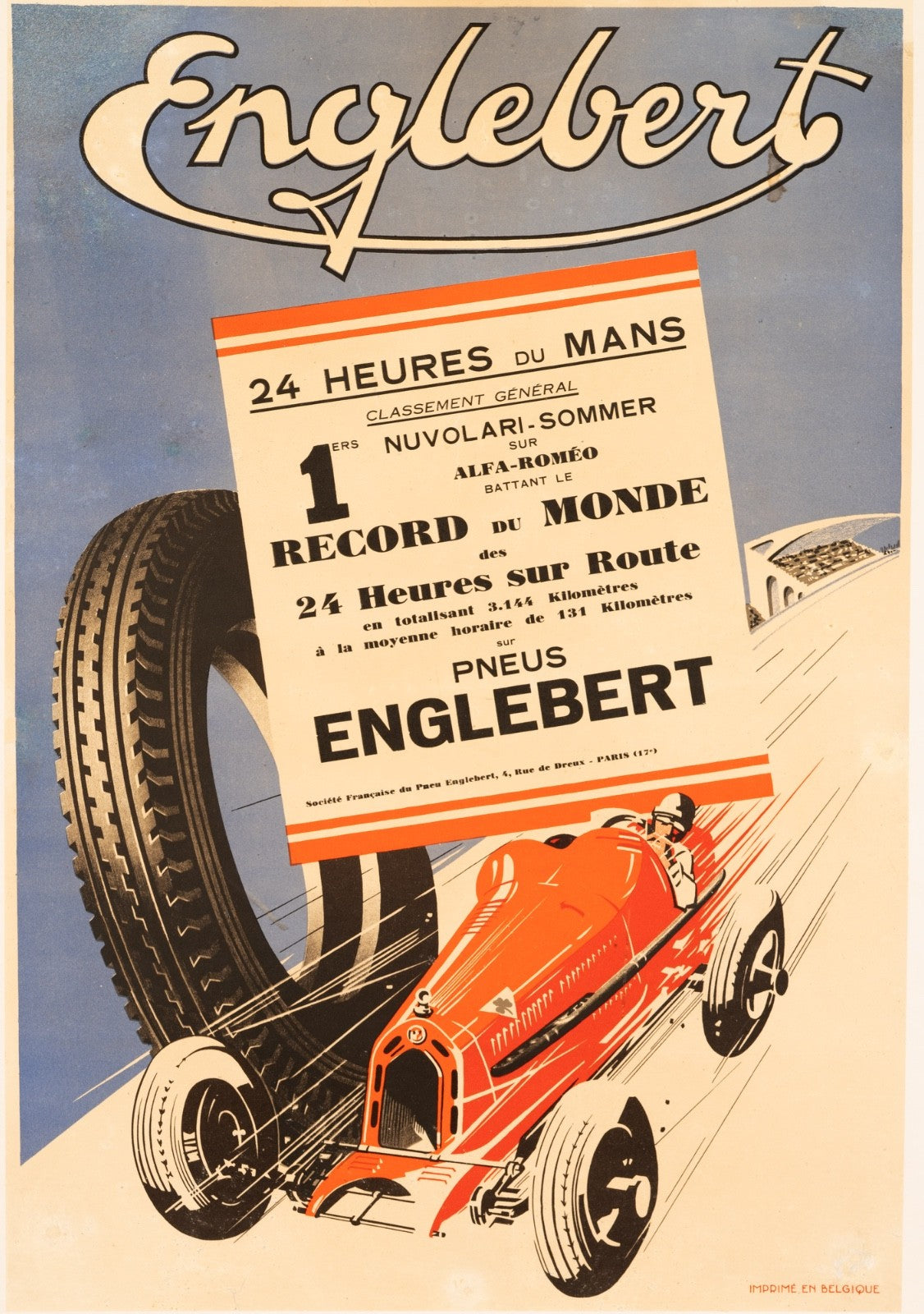 1933 Le Mans Englebert Rare Commemorative Poster Tazio Nuvolari & Raymond Sommer
