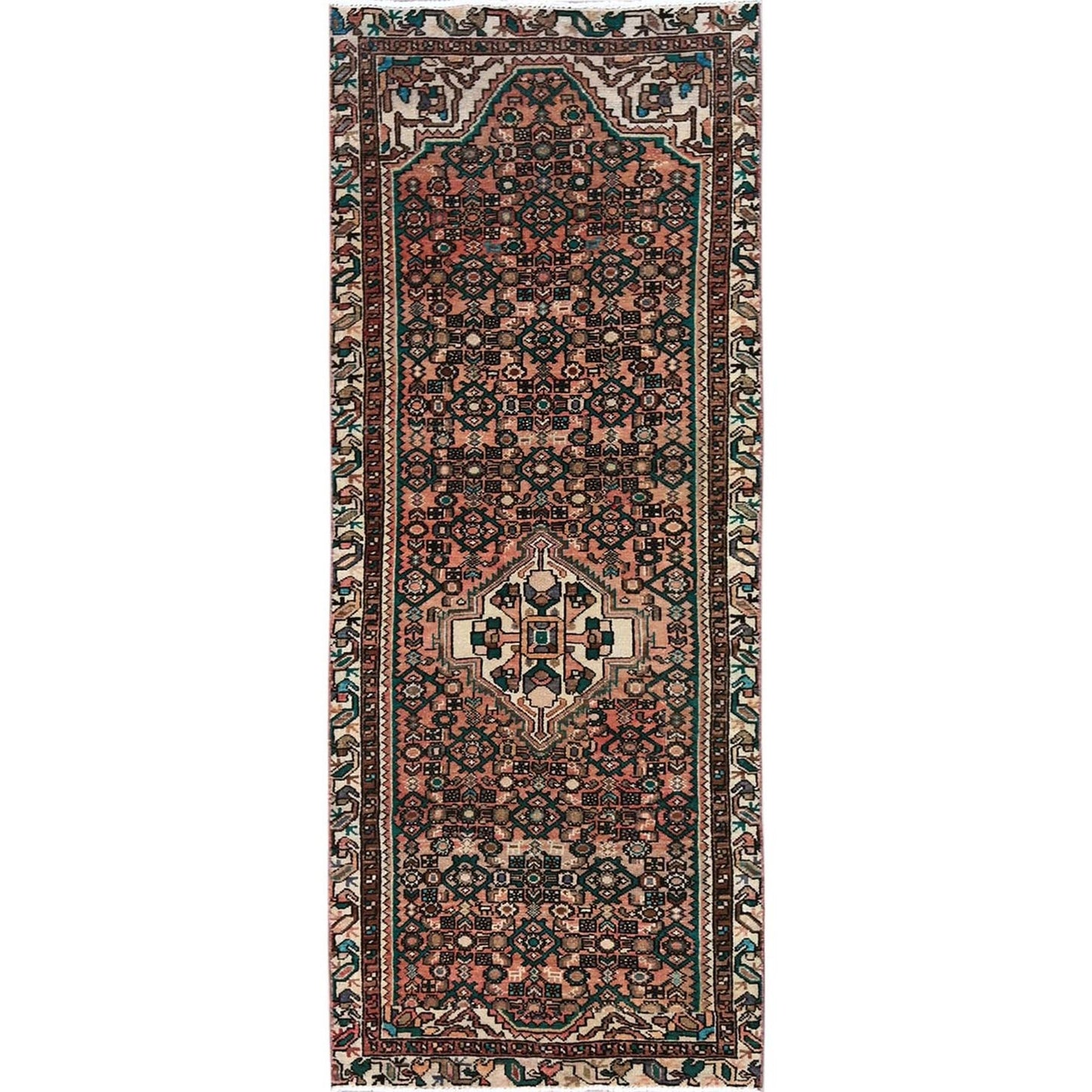 3'X8'1" Peach Vintage Zoroastrian Khamadan Hand Knotted Wool Runner Rug