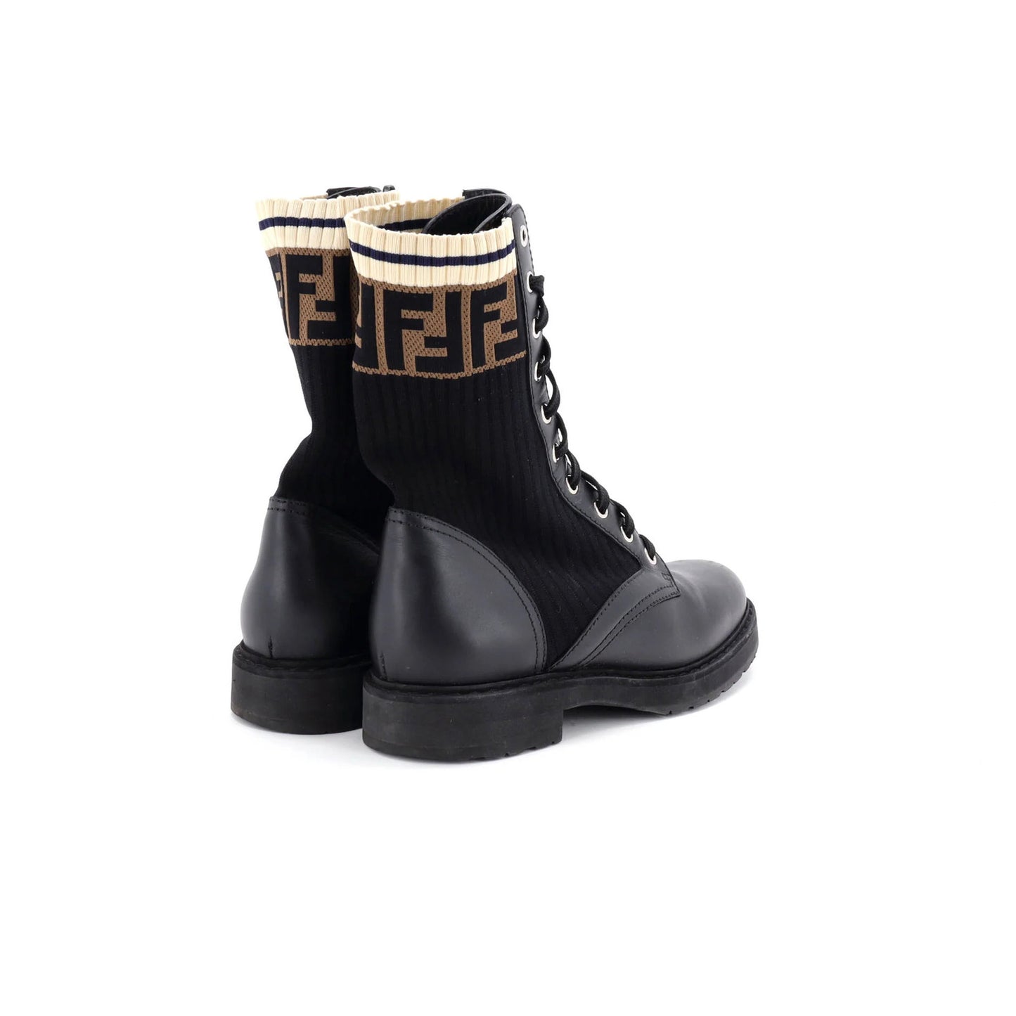 Fendi Women'S Rockoko Combat Boots Leather With Knit Stretch Fabric And Zucca