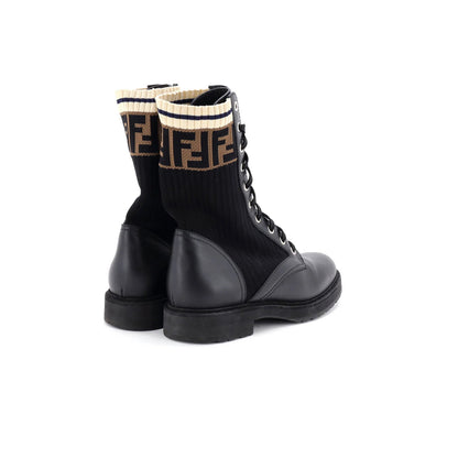 Fendi Women'S Rockoko Combat Boots Leather With Knit Stretch Fabric And Zucca