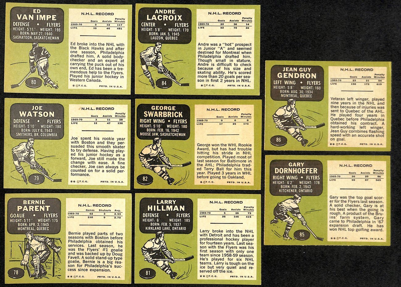 1970-71 Topps Hockey Philadelphia Flyers Complete Team Set (8/8) Cards 189198