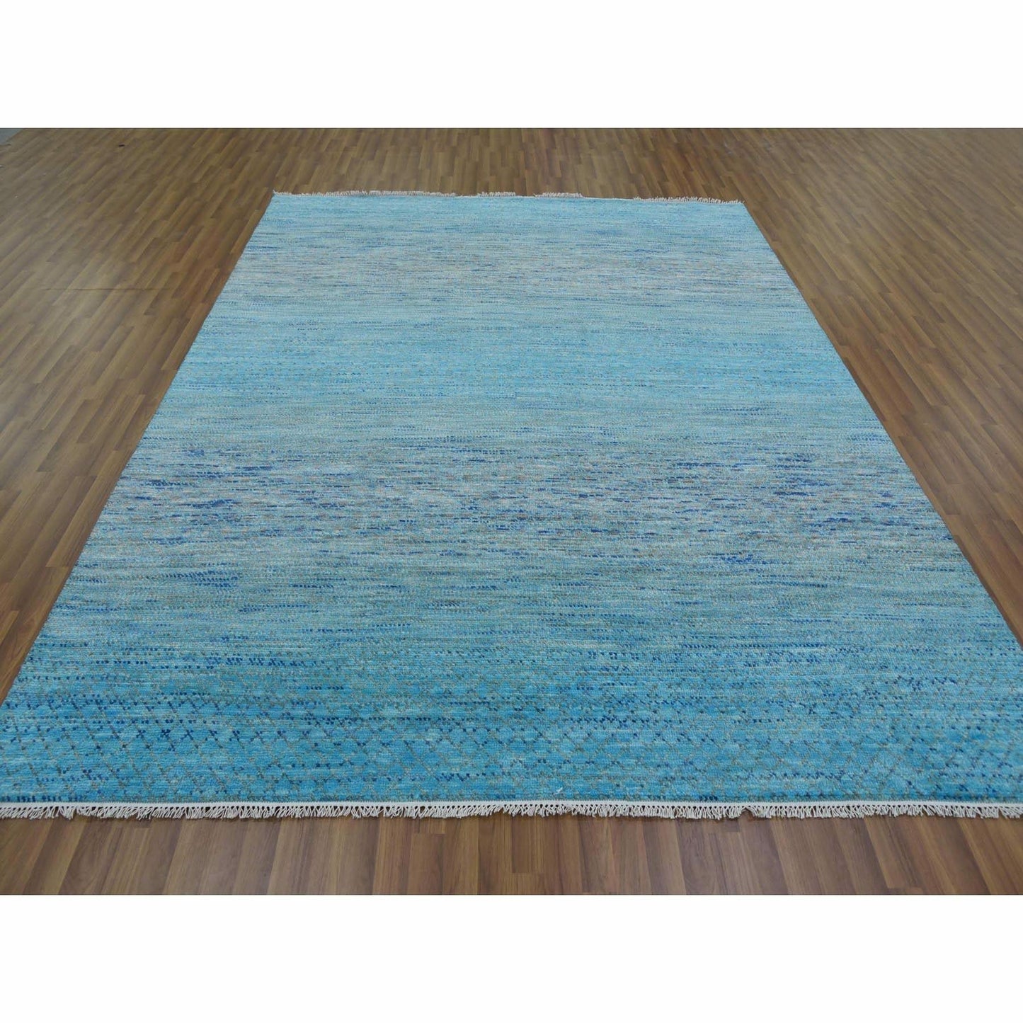 8'X9'10" Blue Pure Wool Hand Knotted Modern Chiaroscuro Collection Rug