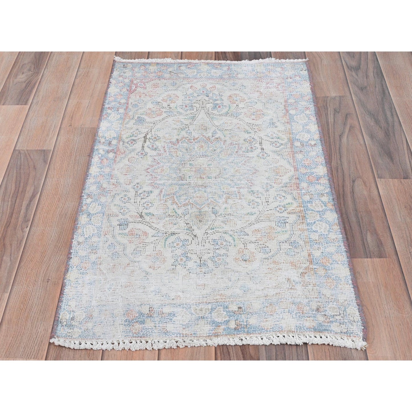 1'9"X2'9" Ivory Old Farsian Karman Worn Wool Hand Knotted Mat Rug