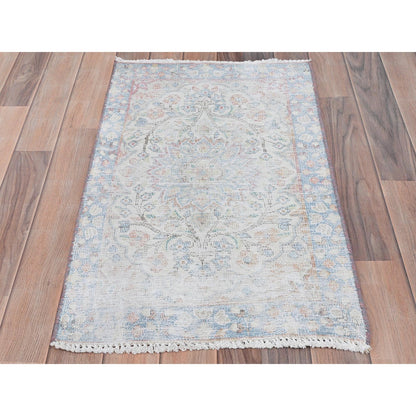 1'9"X2'9" Ivory Old Farsian Karman Worn Wool Hand Knotted Mat Rug