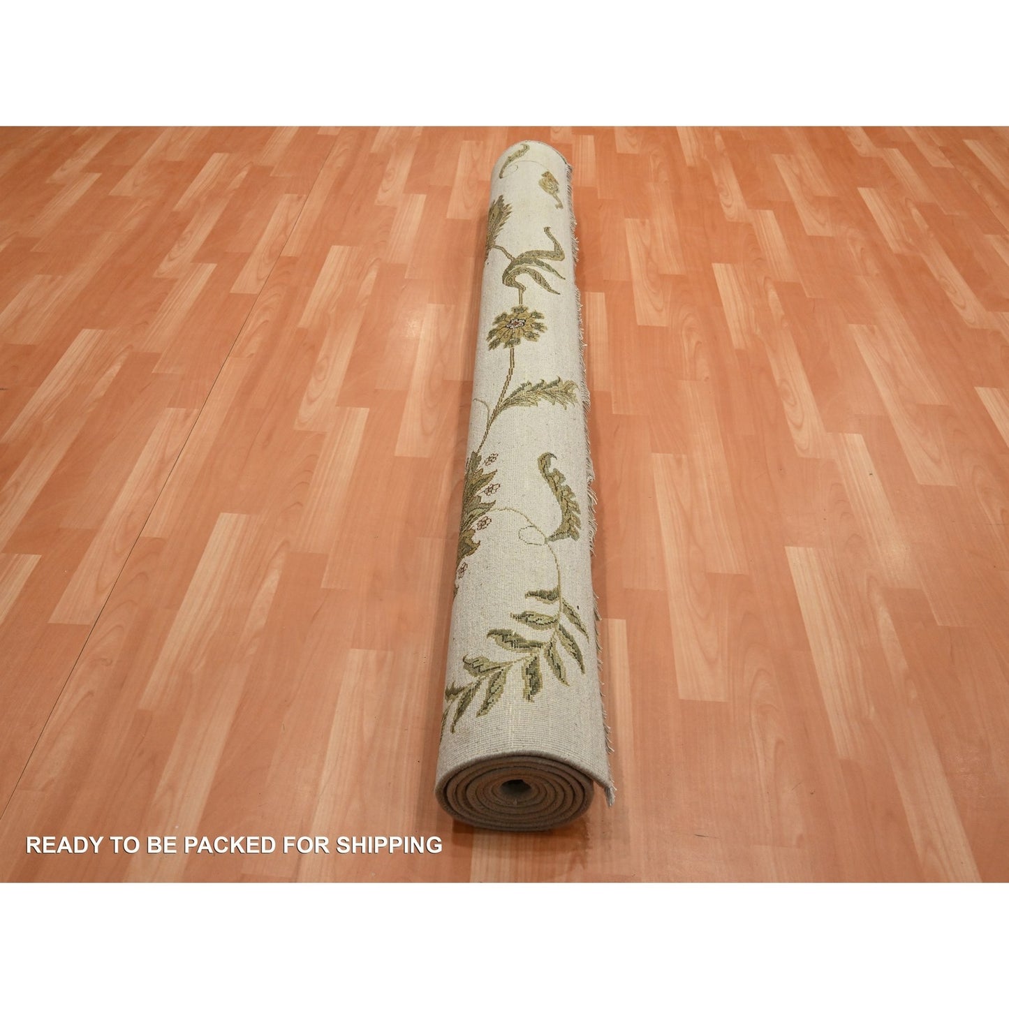 6'X9' Bone White Hand Knotted Botanical Design Wool And Silk Oriental Rug