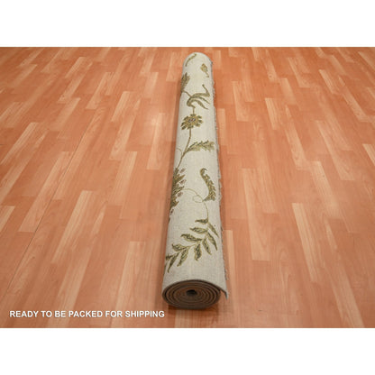 6'X9' Bone White Hand Knotted Botanical Design Wool And Silk Oriental Rug