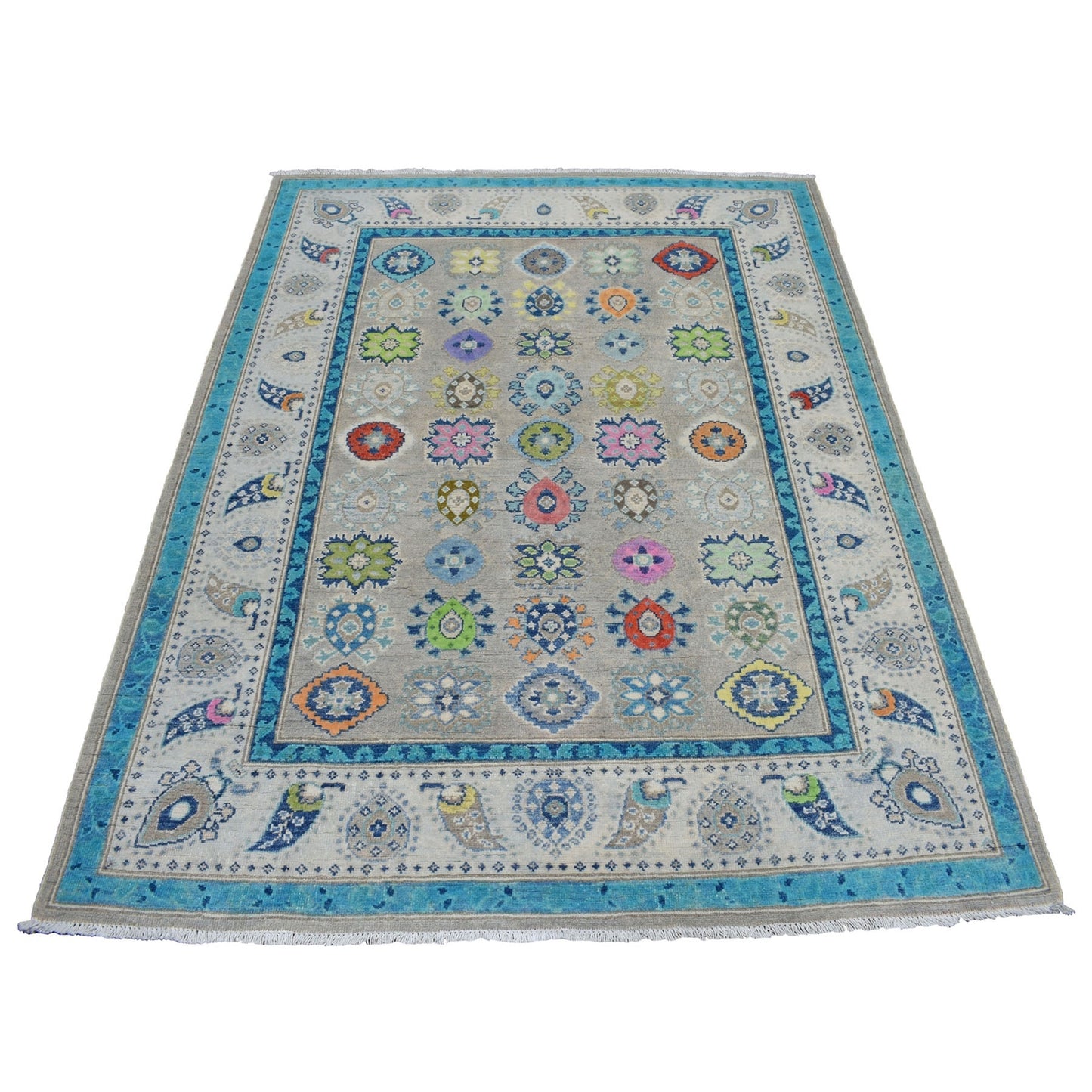 5'X6'4" Colorful Gray Fusion Kazak Pure Wool Hand Knotted Oriental Rug