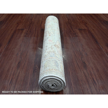 3'x12' Light Blue Angora Oushak Leaf Design Hand Knotted Wool Runner Rug