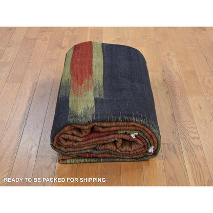 10'X14'6" Green Hand Woven Contemporary Kilim Design 100% Wool Rug