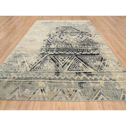 9'9"X13'10" Gray Erased Ethnic Geometric Design Wool Hand Knotted Rug