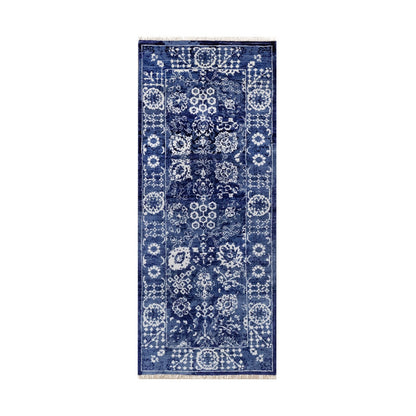 2'6"X6' Ensign Blue Wool And Silk Rug Tebraz With Leaf Design Hand Knotted