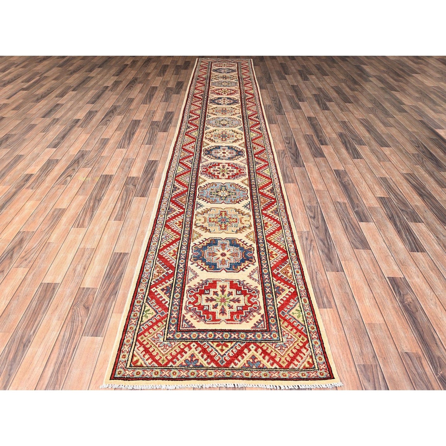 2'9"X15'5" Ivory Hand Knotted Rug Wool Kazak With Geometric Design Runner