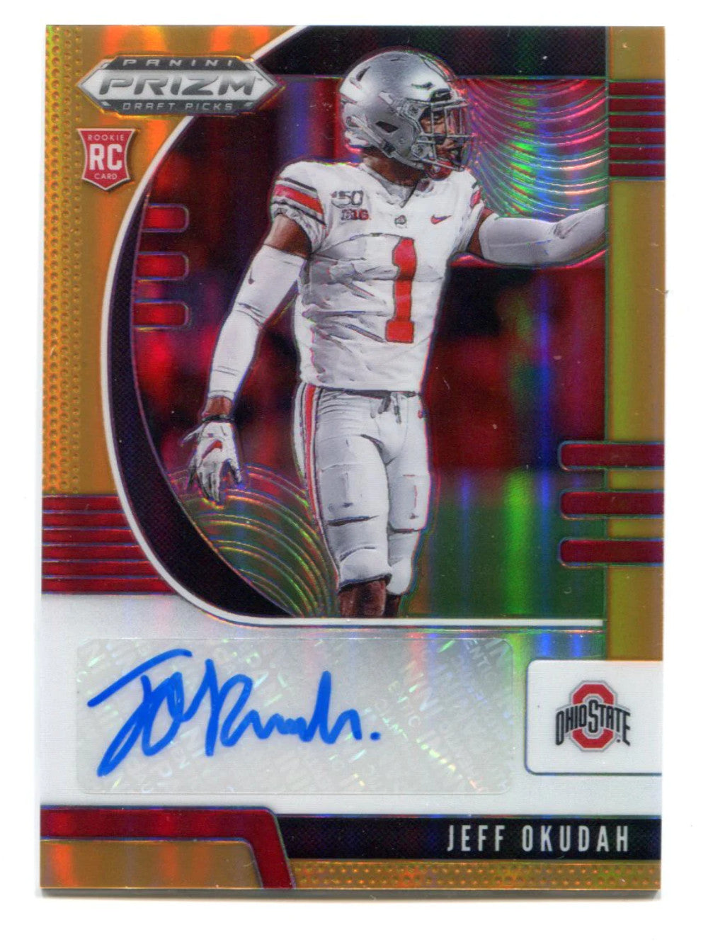 Jeff Okudah Autographed 2020 Panini Prizm Neon Orange Prizm Rookie Card
