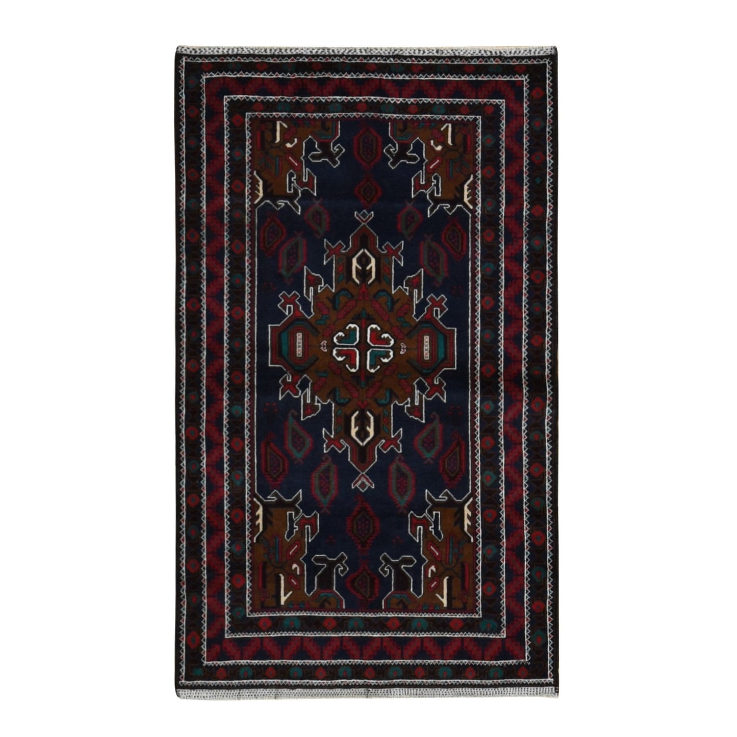 3'10"X6'9" Yankees Blue Afghan Balooch Design Pure Wool Hand Knotted Rug