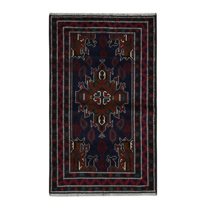 3'10"X6'9" Yankees Blue Afghan Balooch Design Pure Wool Hand Knotted Rug