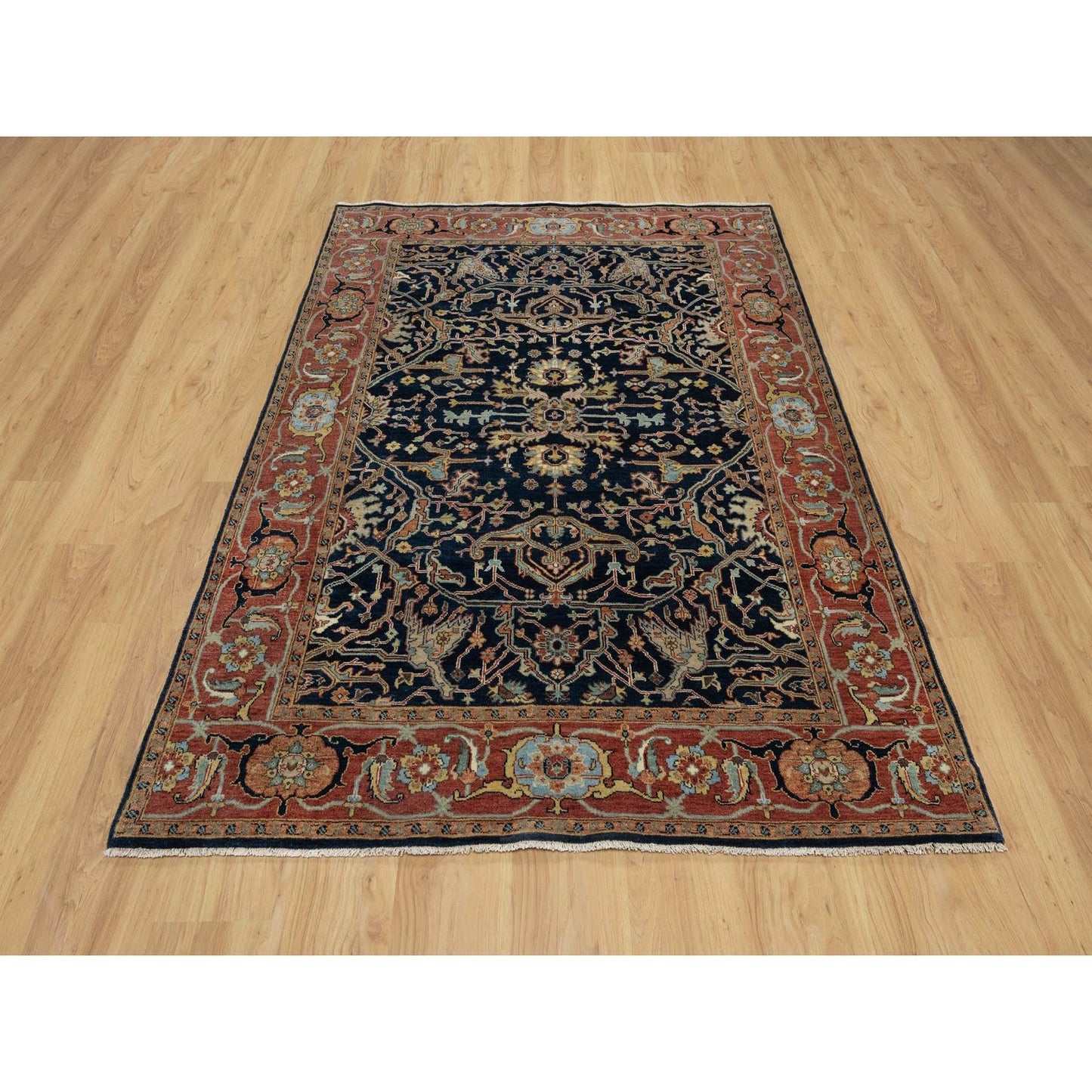 5'1"X7'2" Midnight Blue, Antiqued Fine Heris Pure Wool Hand Knotted Rug