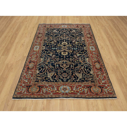 5'1"X7'2" Midnight Blue, Antiqued Fine Heris Pure Wool Hand Knotted Rug