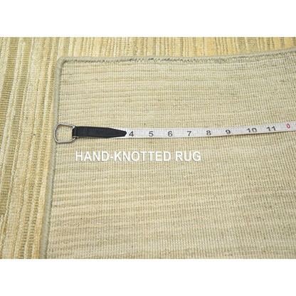 2'X3' Beige Plain Line Design Silk & Oxidized Wool Hand Knotted Mat Rug
