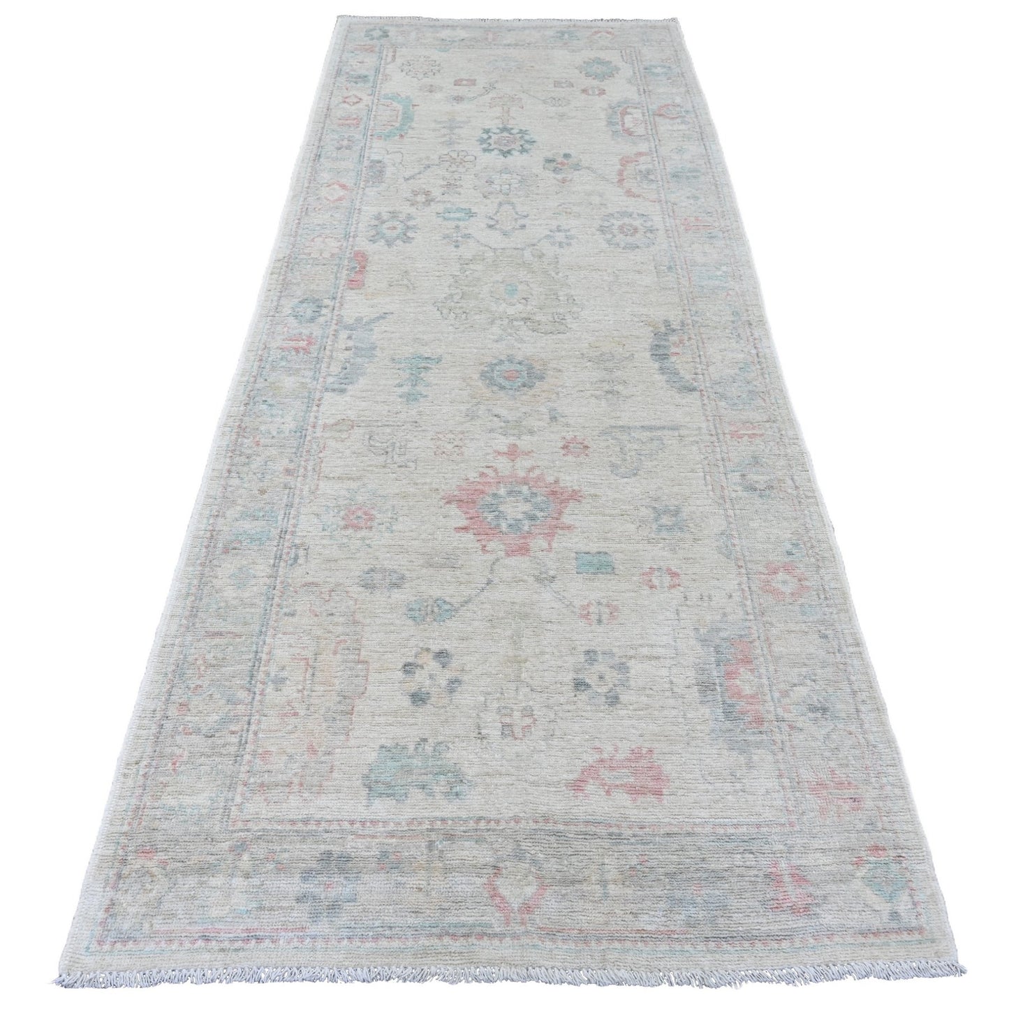 3'10"X10' White Hand Knotted Angora Oushak Leaf Design Wool Runner Rug