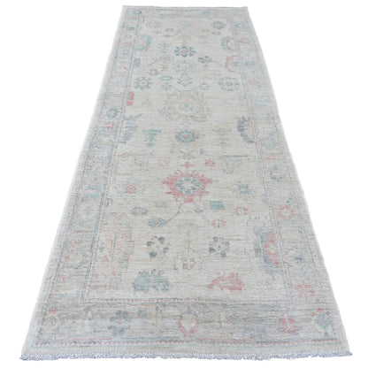 3'10"X10' White Hand Knotted Angora Oushak Leaf Design Wool Runner Rug