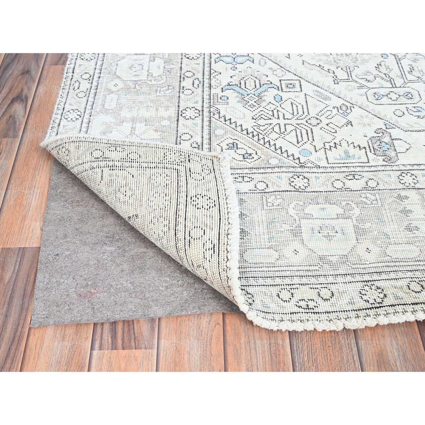 6'5"X9'1" Ivory Zoroastrian Secured Distressed Oriental Wool Rug