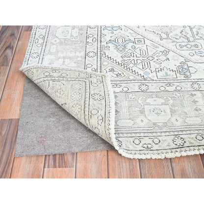 6'5"X9'1" Ivory Zoroastrian Secured Distressed Oriental Wool Rug