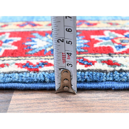 2'1"X3' Blue Kazak Tribal Medallions Design Hand Knotted Soft Wool Mat Rug