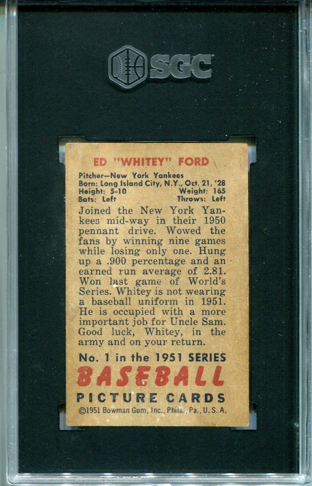 1951 #1 Bowman Whitey Ford Rookie SGC Authentic Card