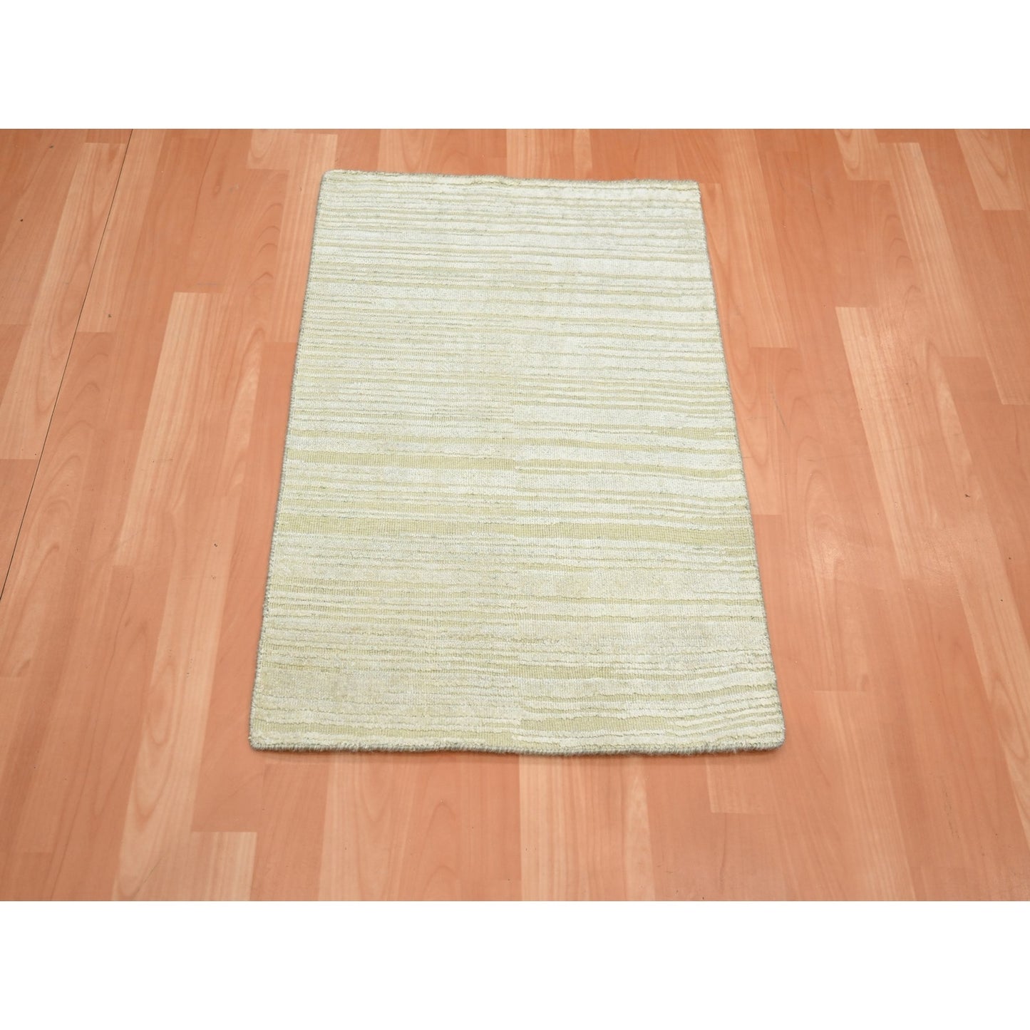 2'X3' Photon White Plain Line Design Silk With Oxidized Wool Mat Rug
