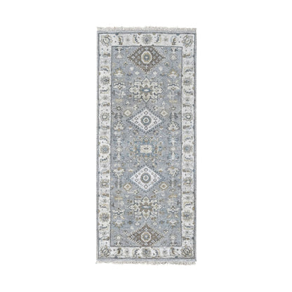 2'7"X6' Flannel Gray Karajeh Geometric Design Hand Knotted Shiny Wool Rug