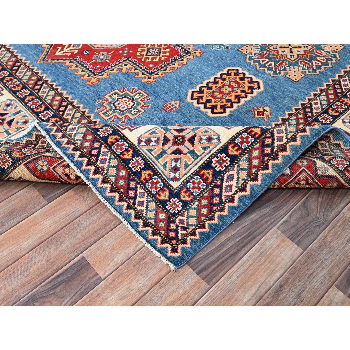 9'X11'8" Cerulean Blue Special Kazak Wool Hand Knotted Natural Dyes Rug