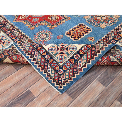 9'X11'8" Cerulean Blue Special Kazak Wool Hand Knotted Natural Dyes Rug