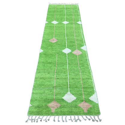 2'5"X9' Green Geometric Moroccan Weave Soft Wool Hand Knotted Runner Rug