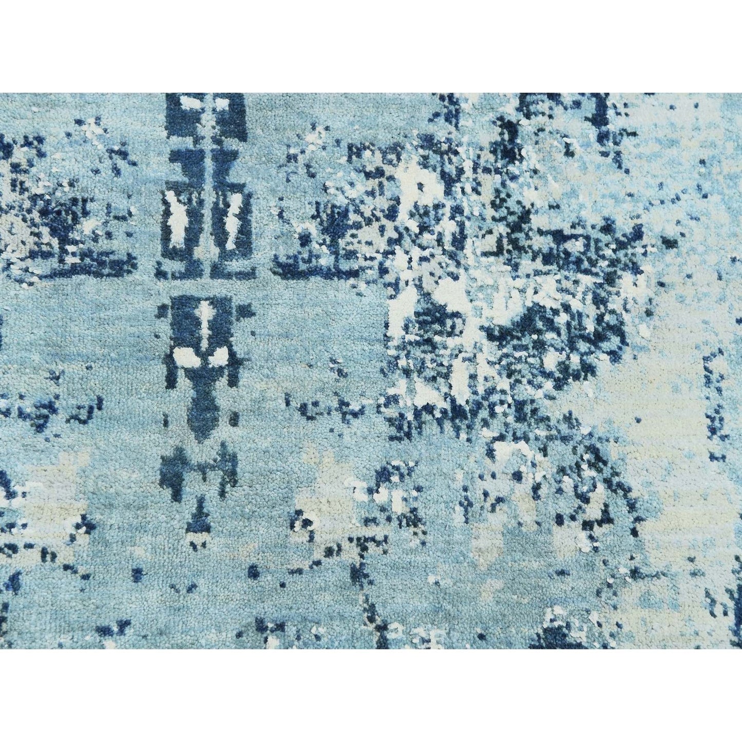 9'x9' Blue Hand Knotted Abstract Design Pure Silk and Wool Round Rug